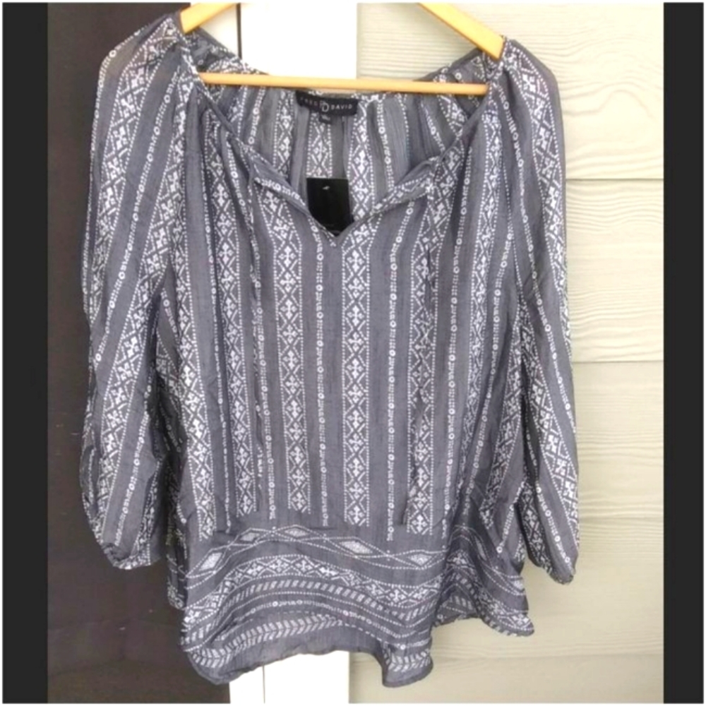 Fred David Printed Peasant Blouse in Grey, Size L